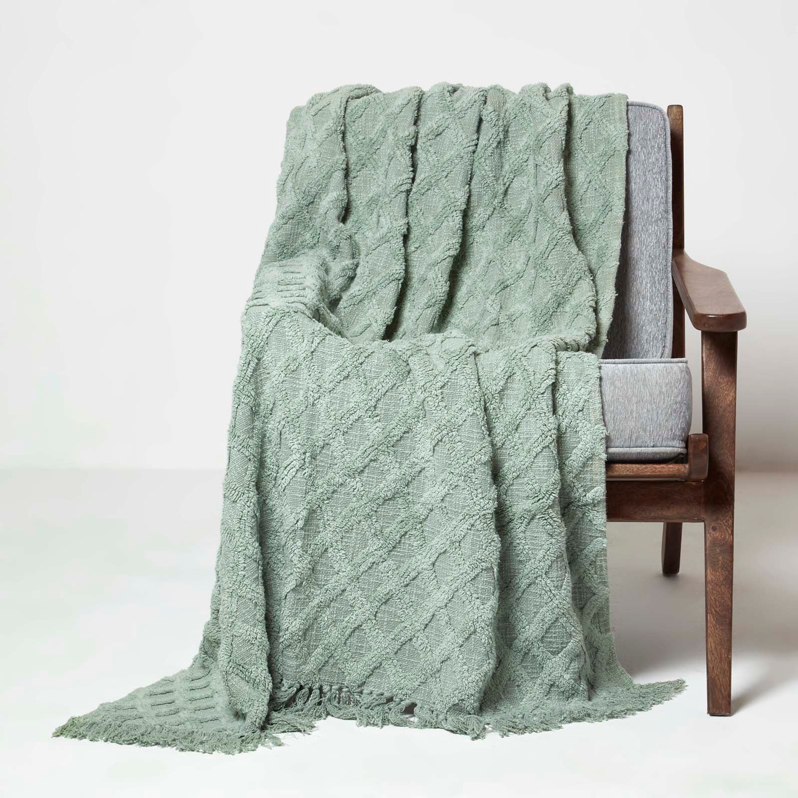 Diamond Textured Pattern Cotton Tufted Throw | 125cm x 150cm | Green