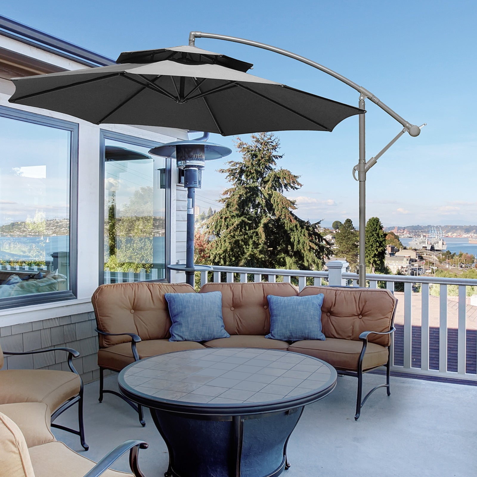 2.7m Cantilever Banana Parasol W/ Double Tier Canopy | Dark Gray