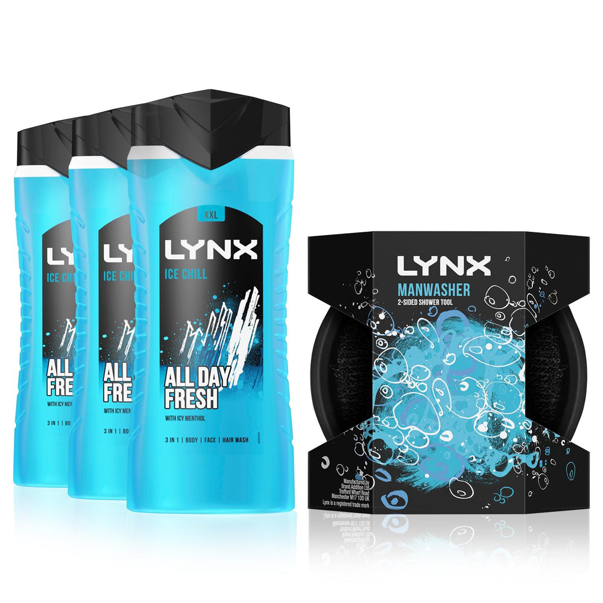 Ice Chill All Day Fresh 3in1 Showergel 500ml With 1 Pc Manwasher Showertool | Set of 3