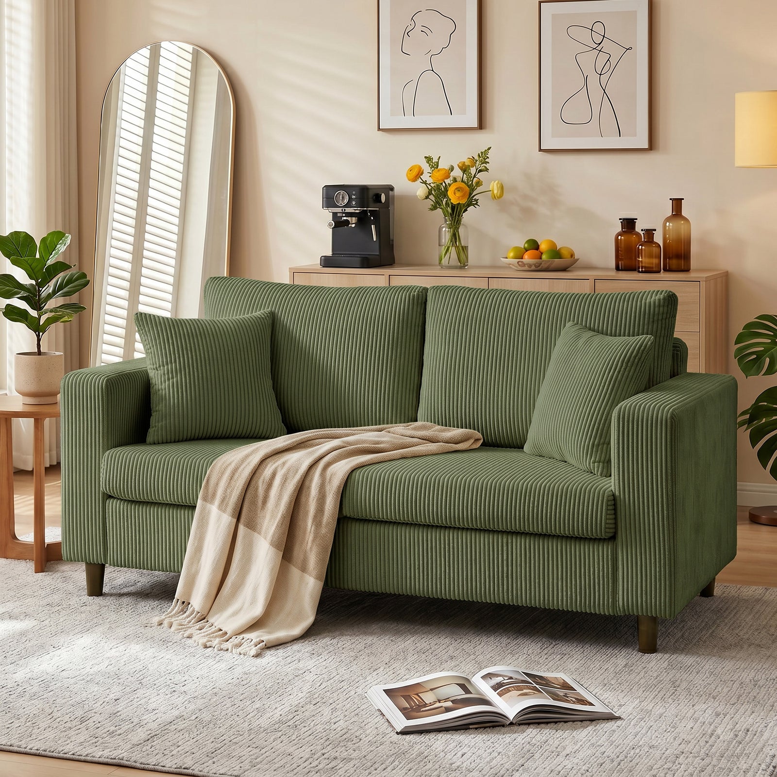 Loveseat Sofa With Wide Seat, Corduroy Upholstered | Green