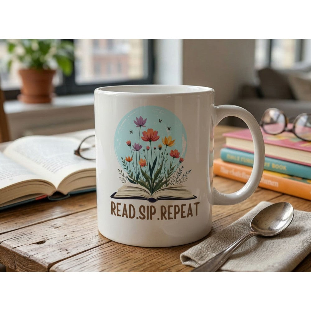 Dyzi Read Sip Repeat Quote Ceramic Mug White For Book Lovers