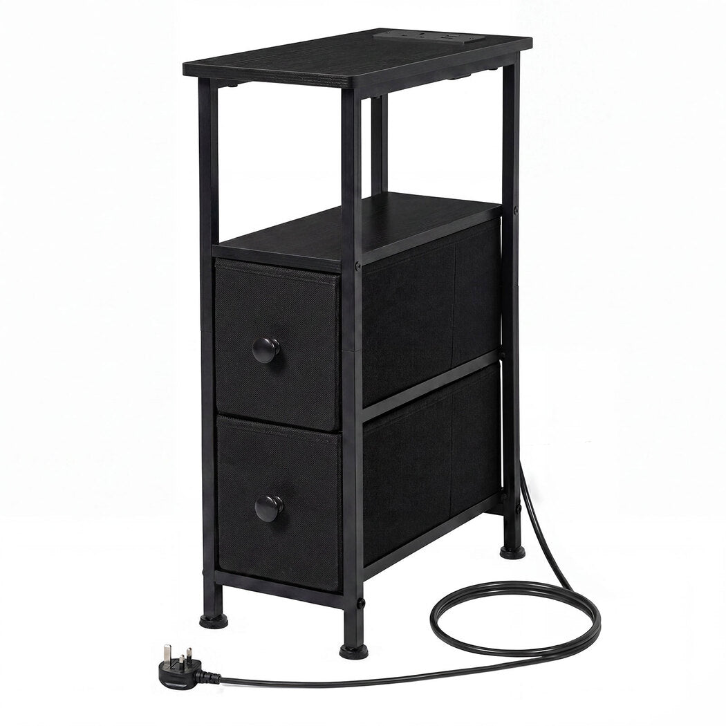 Bedside Table Narrow Side Table With Led Charging Station Storage Black | Black