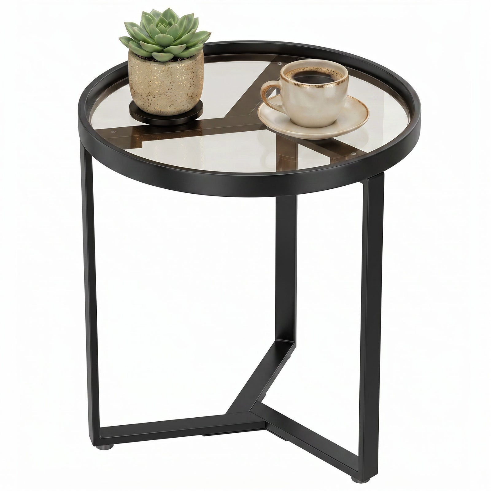 Round Side Table With Tempered Glass Top And Metal Frame | Black