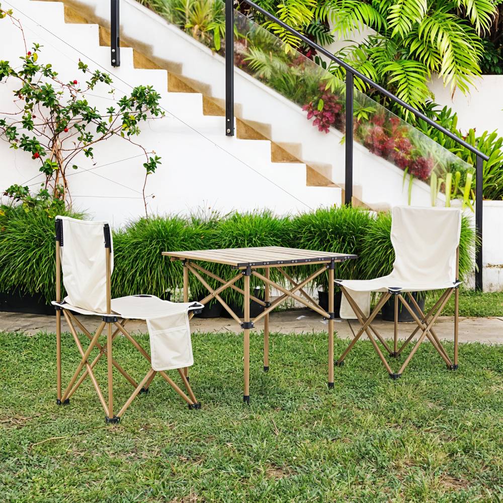Set Of 3 Portable Folding Camping Table And Chair Set – Lightweight And Compact Outdoor Furniture | Set-of-3 | Beige
