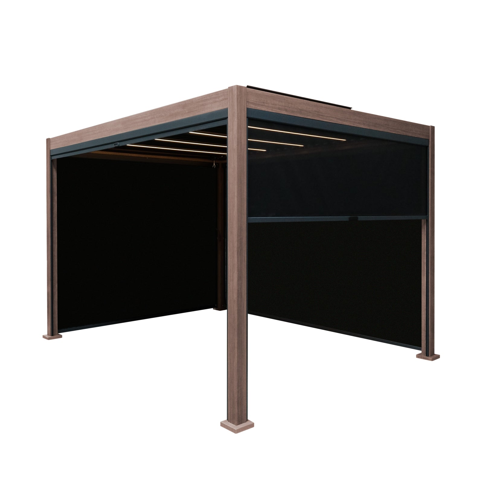 Wood Effect Aluminium Pergola With Blinds & Led Lights | 3m x 3m | Brown