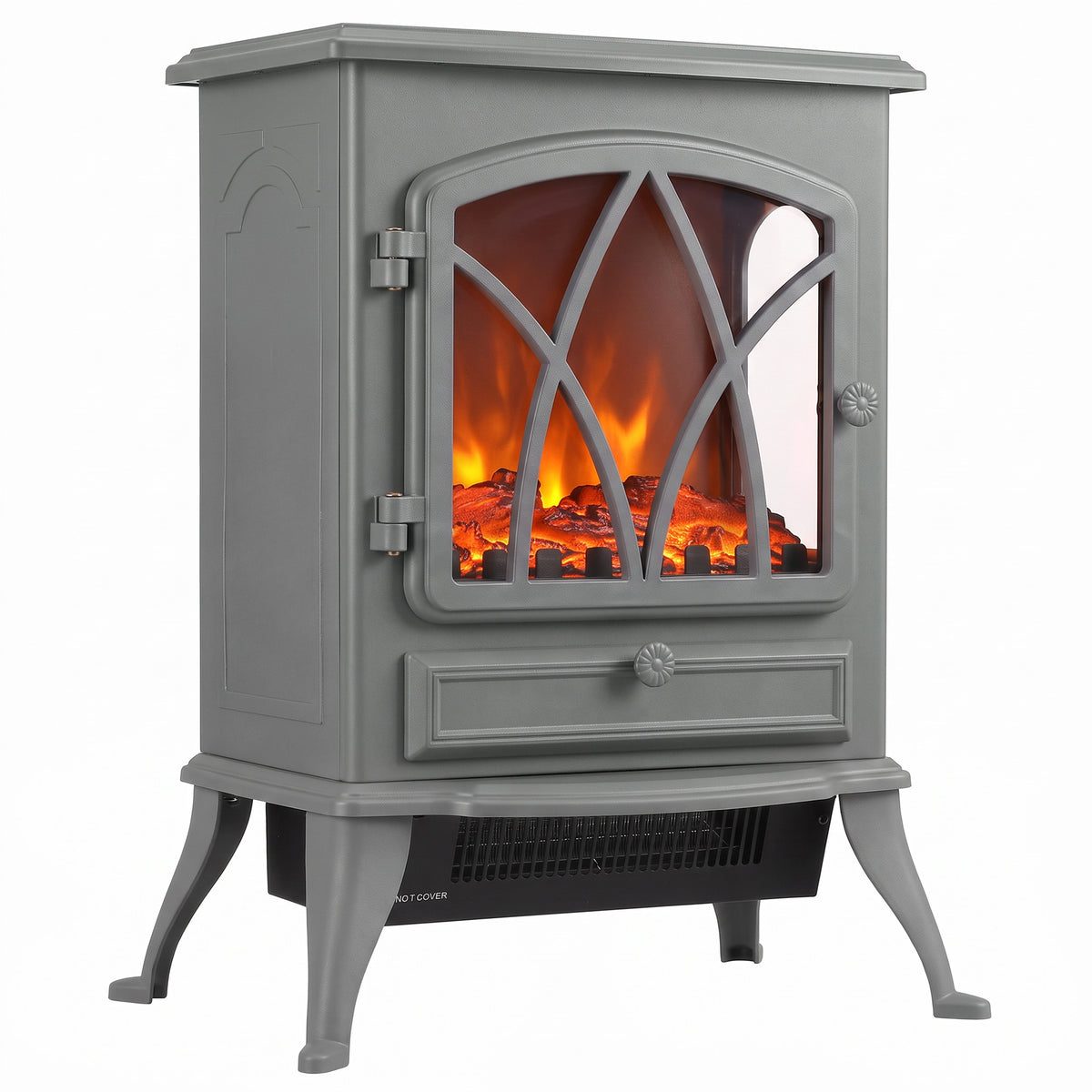 Freestanding Fireplace Flame Effect Electric Heater Log Burning Grey