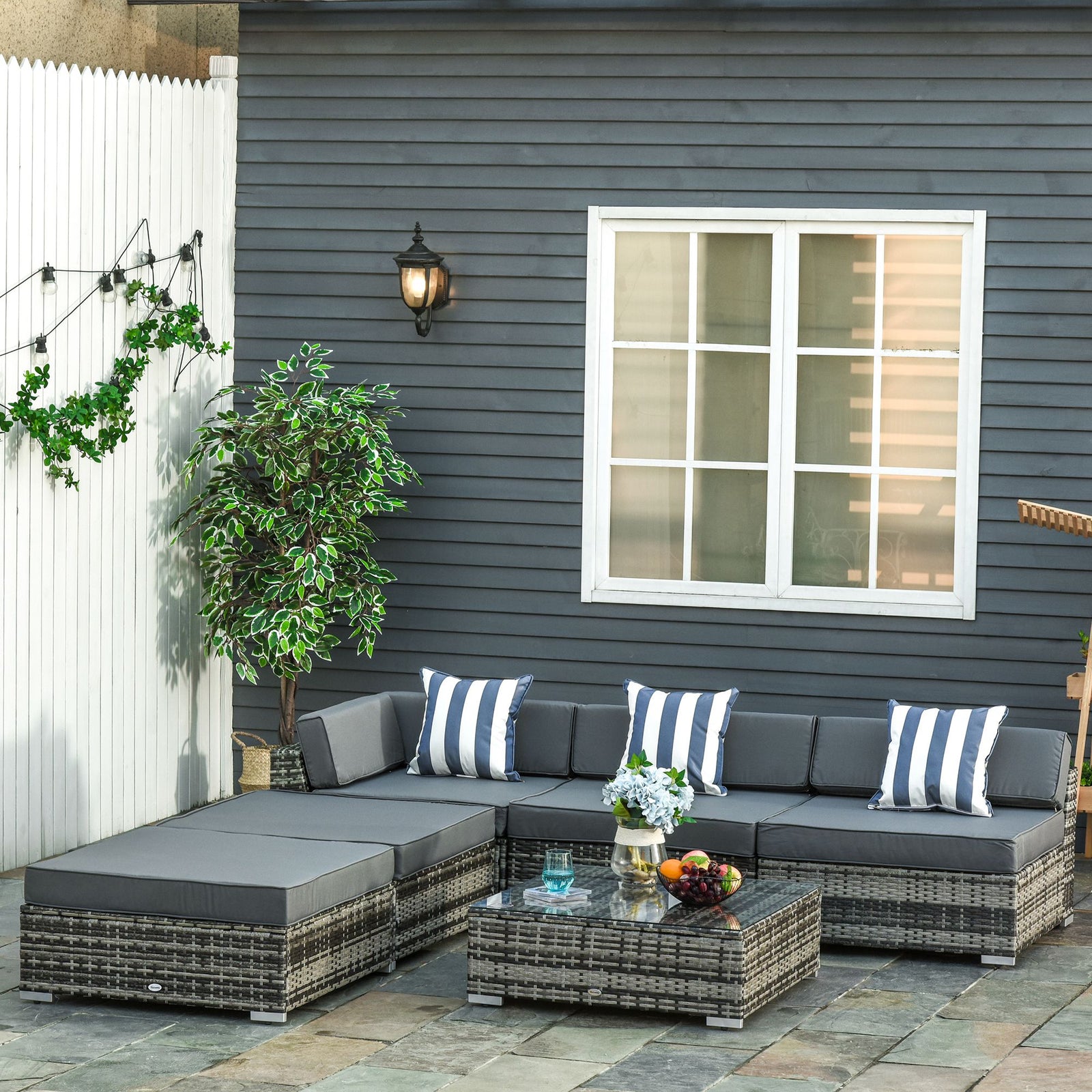 6 Pcs Garden Rattan Sofa Set Sectional Wicker Coffee Table | Gray