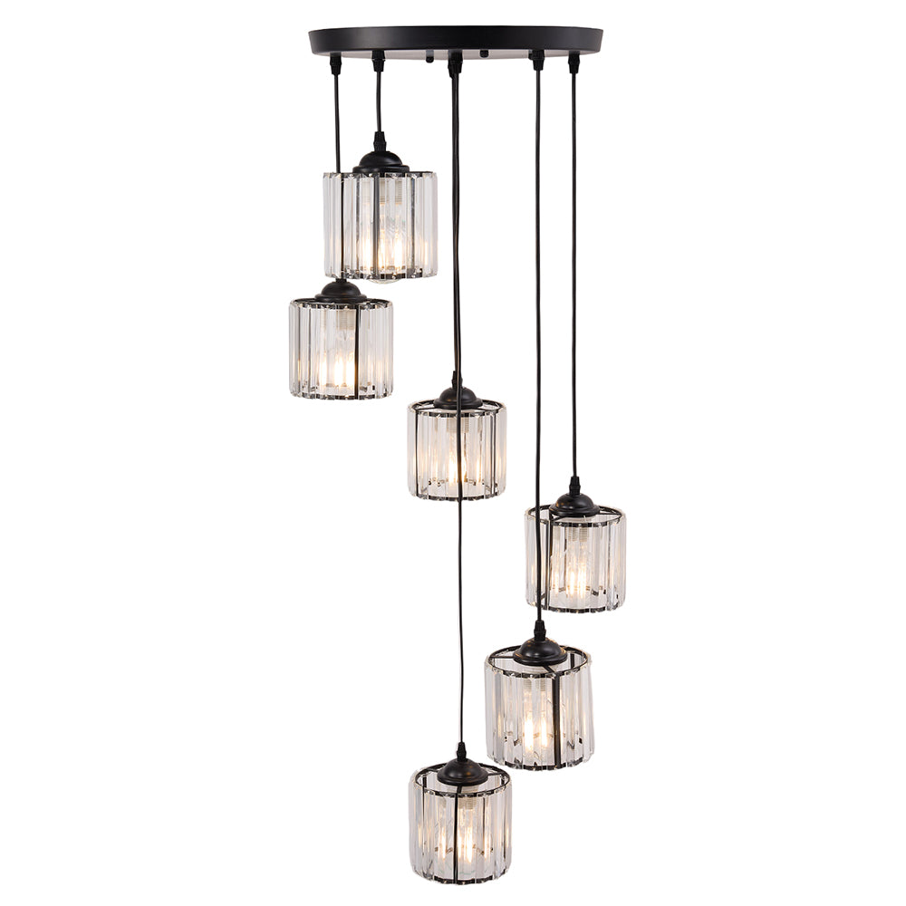 Modern 6-light Crystal Pendant Light Adjustable Linear Ceiling Fixture With Round Glass Shades