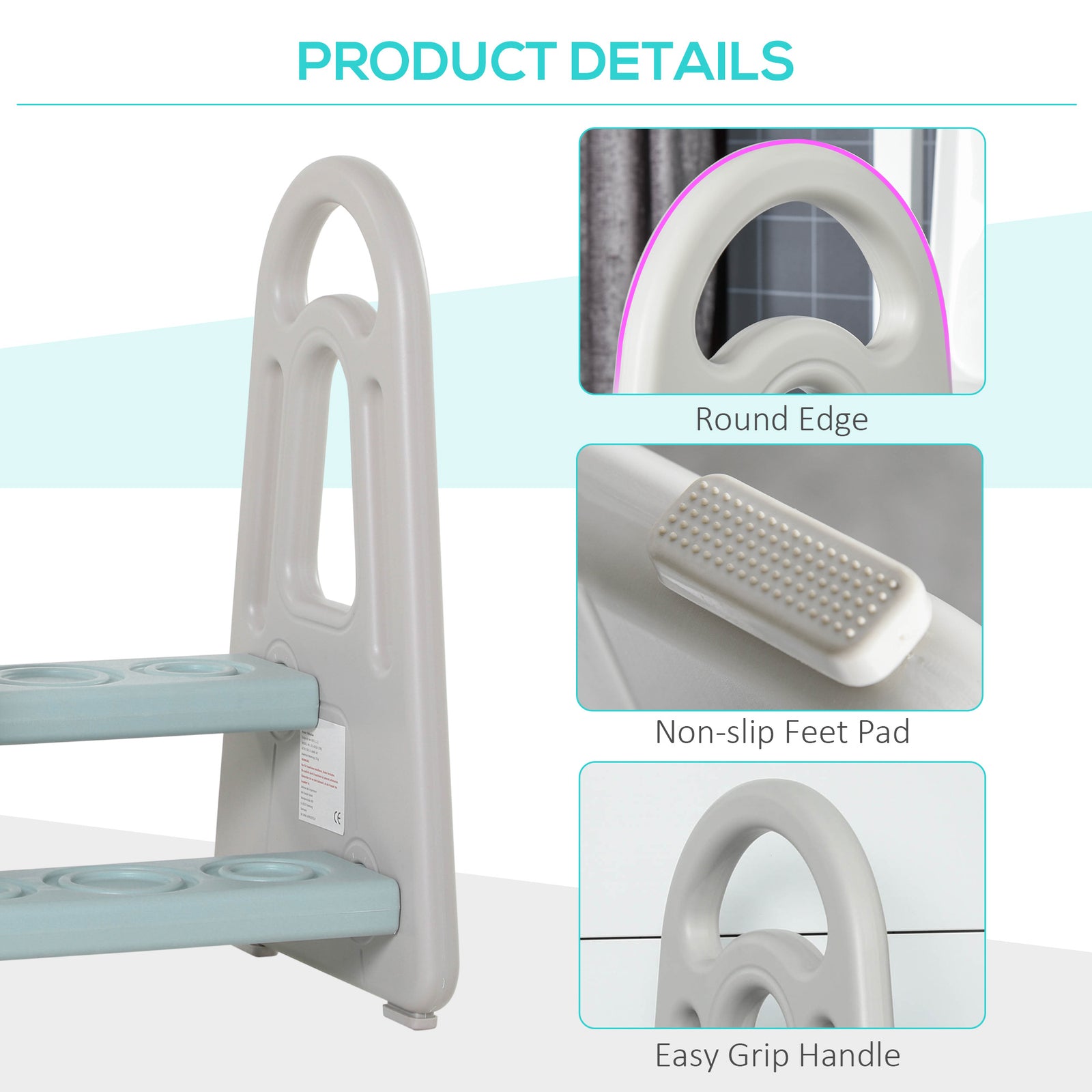 Kids Step Stool, Toddler Kitchen Helper With Handle For Bathroom, Blue And Grey