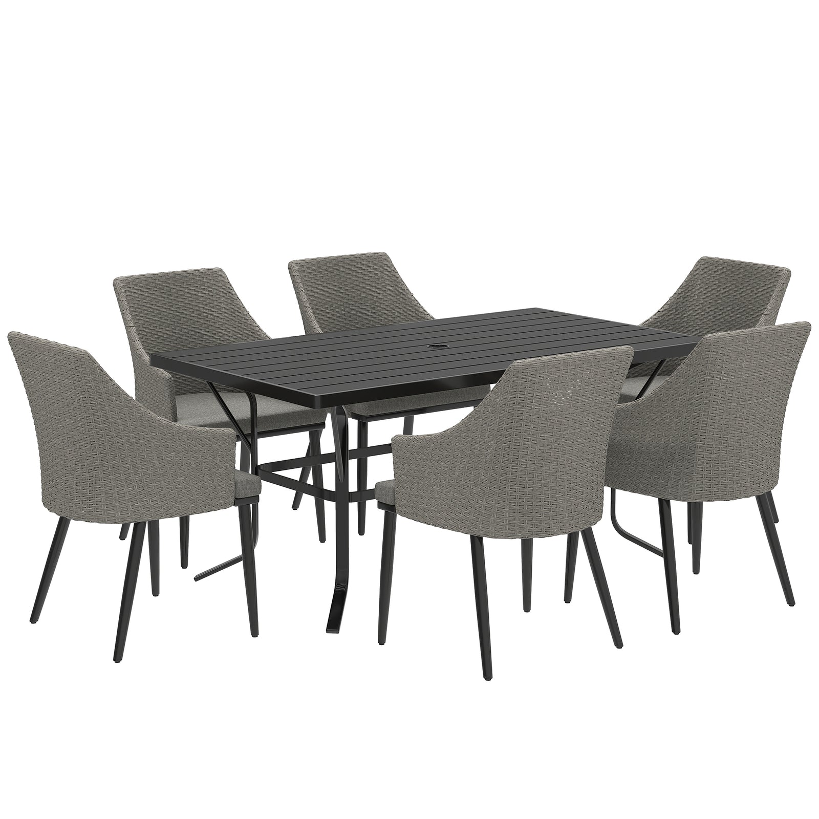 6 Seater Rattan Dining Set, Rectangle Slatted Table | Gray