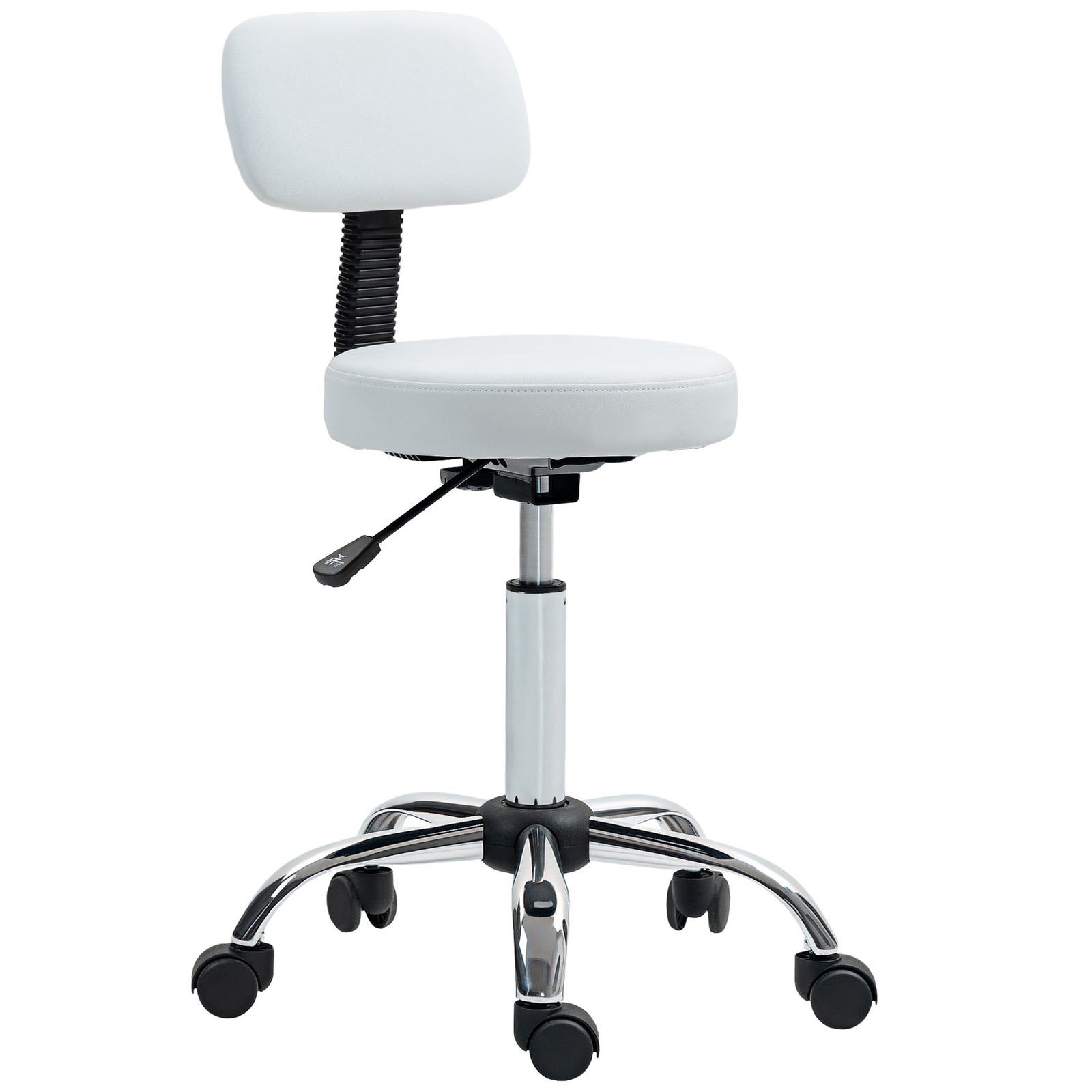 Rolling Stool With Backrest, Wheels Faux Leather Salon Chair | White
