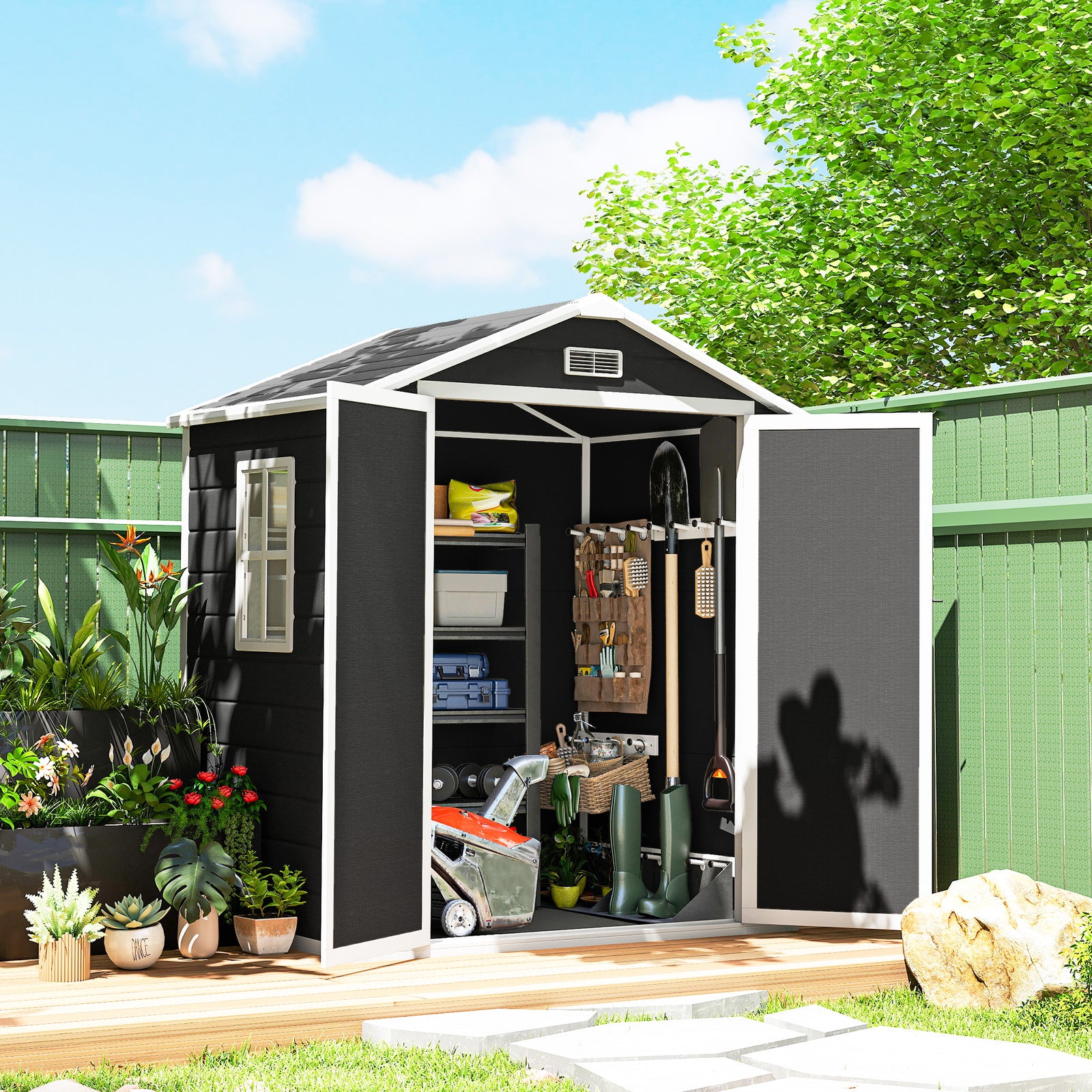 Garden Shed 6'x4.5' Plastic Tool Storage House W/ Lockable Double Doors | Black