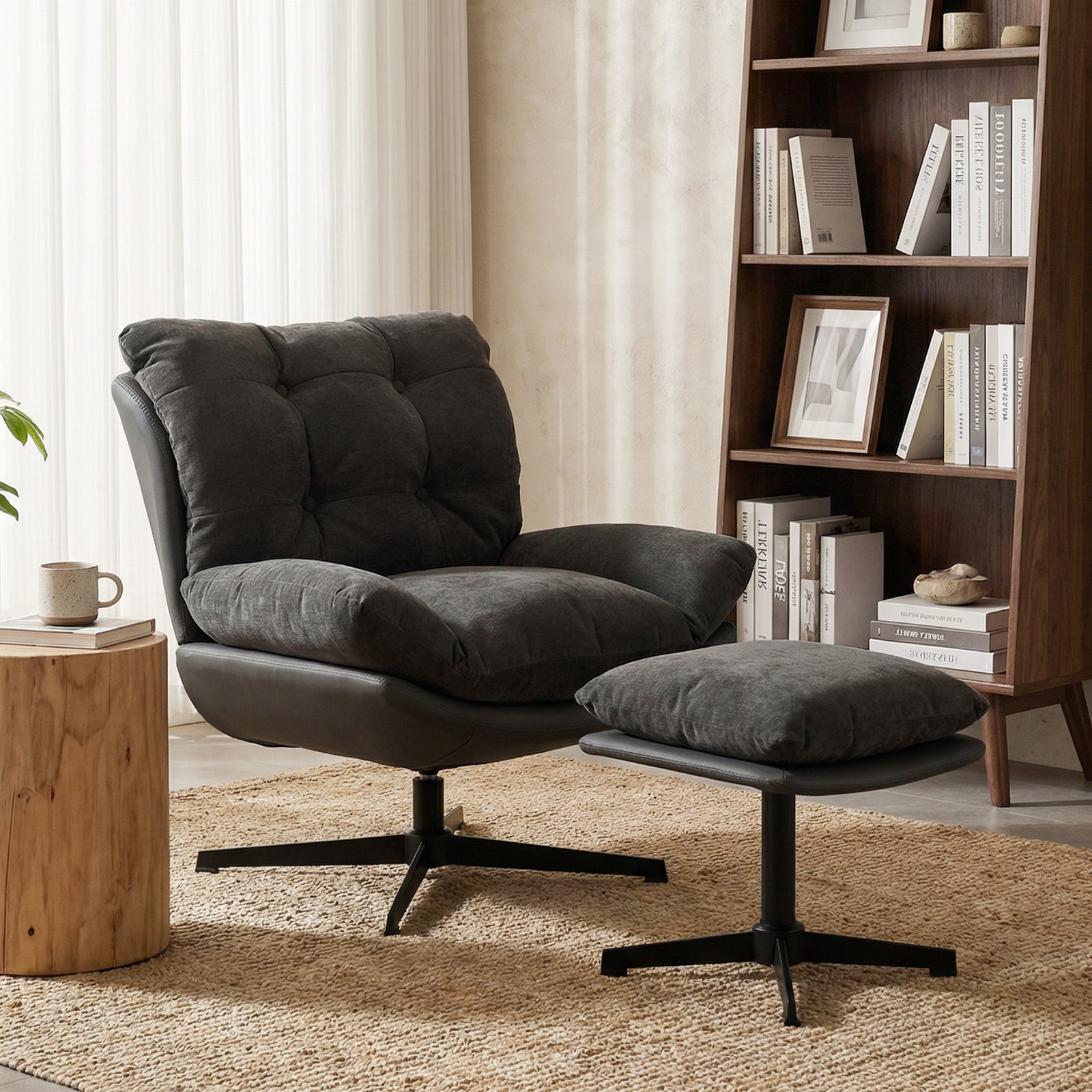 HOMCOM Accent Chair With Footstool, Modern Swivel Lounge Chair