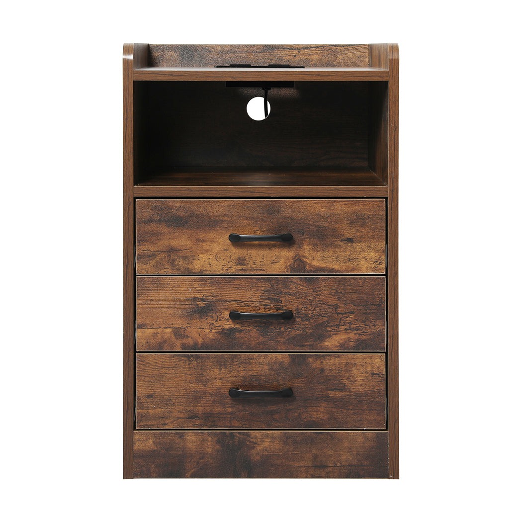 Bedside Table Nightstand Usb Charger Outlet Rgb Led 3 Drawers Oak | Oak