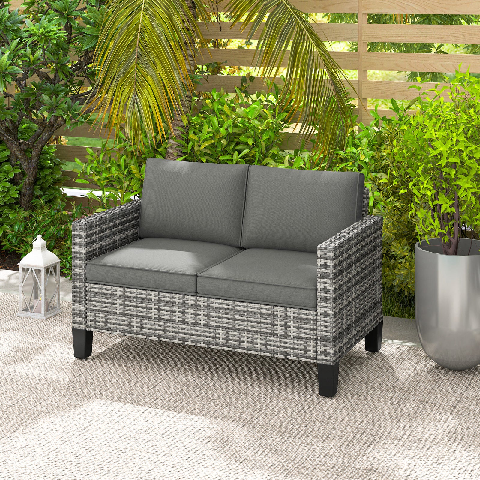 Rattan Sofa W/ Cushions, 2 Seater Garden Furniture | Light Grey