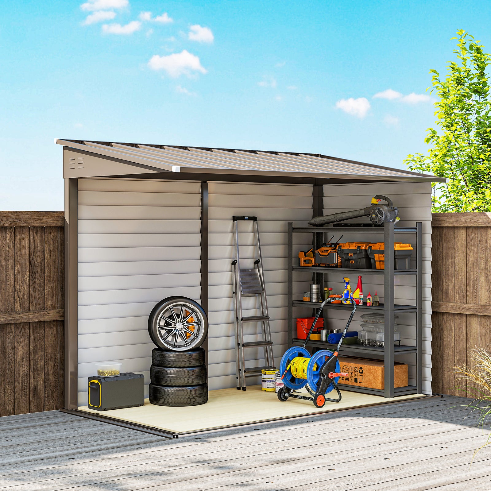 5 X 9ft Galvanised Metal Garden Shed With Foundation Kit | Brown