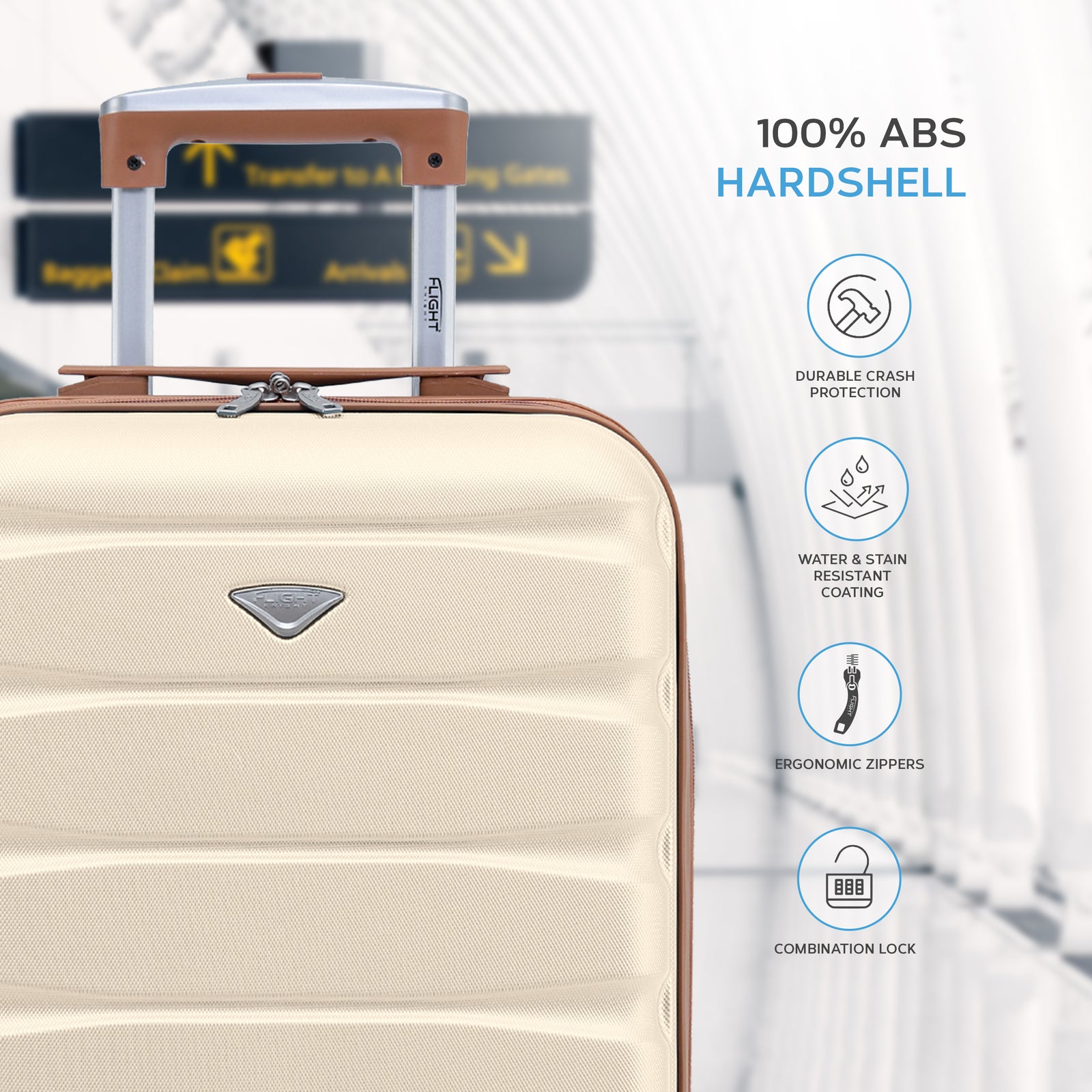 55x35x25cm Lightweight Suitcase - Cabin Carry On - Hard Shell - 4 Wheels Overhead Luggage | Cabin | Cream
