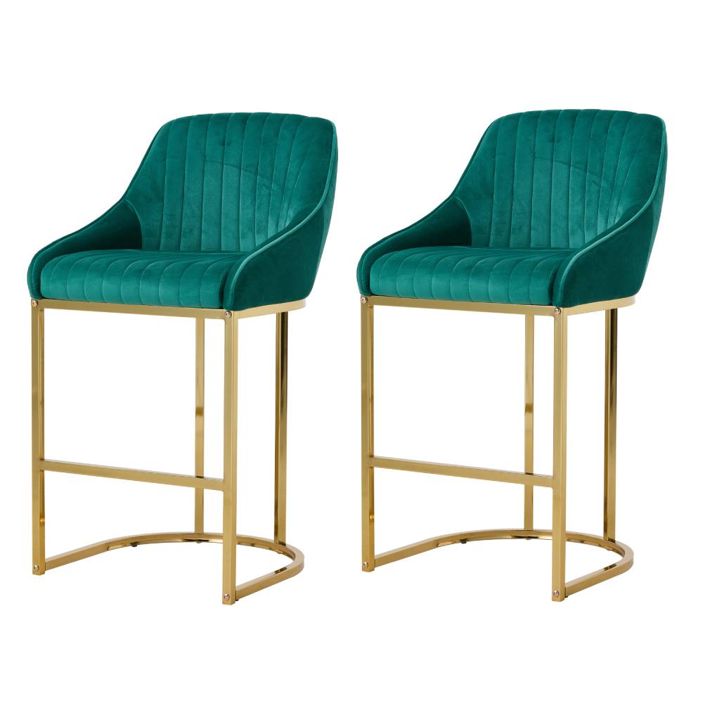 Modern Velvet Upholstered Bar Stools With Metal Legs, Set Of 2 – Contemporary Design, Comfortable Padded Seat, And Anti-slip Base | Green