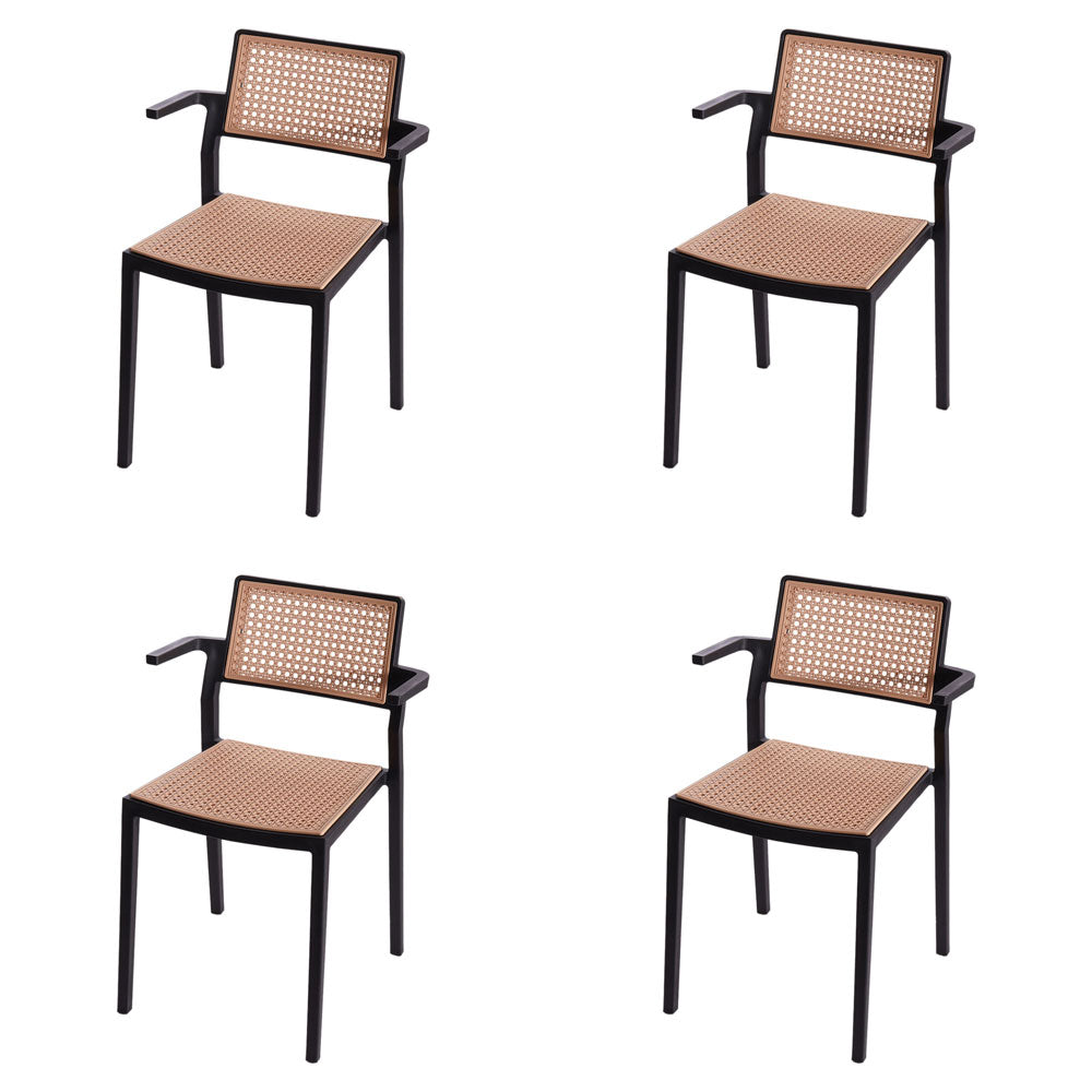 Set Of 4 Pseudo-rattan Pp Dining Chair With Armrest | Black