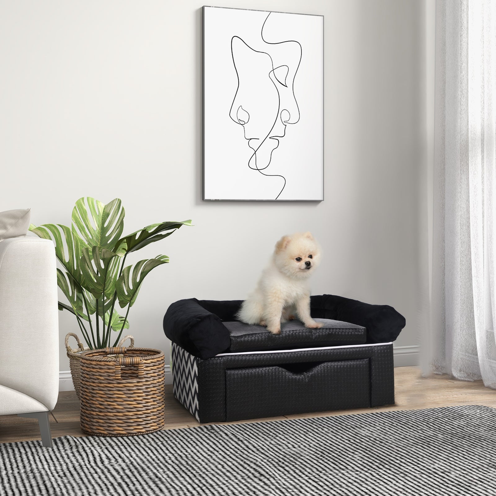 PawHut Dog Sofa Bed With Storage, Drawer, Soft Cushion, For Small Dogs - Black