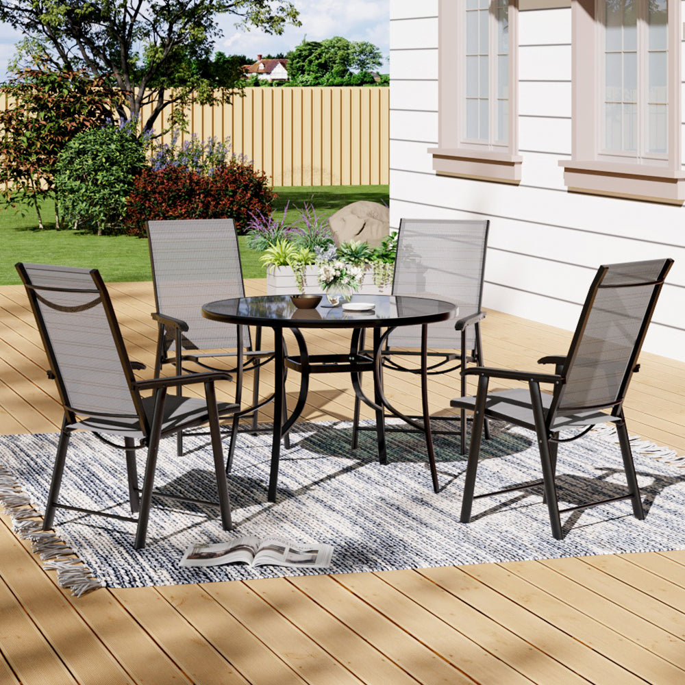 5 Pieces Garden Dining Set Outdoor Tempered Glass Garden Table With Foldable Chairs