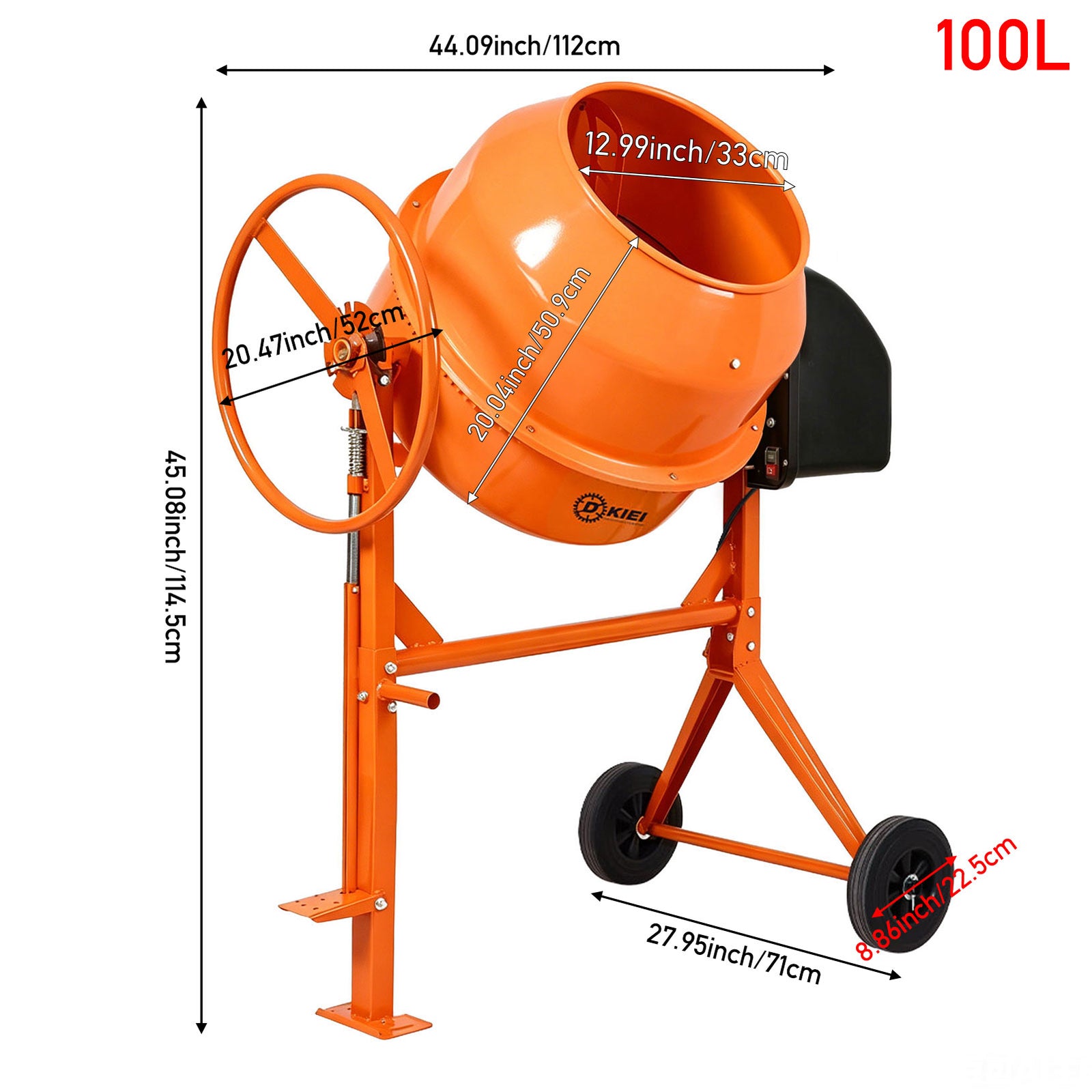 Electric Portable Cement Concrete Mixer With Wheels | 100l | Orange