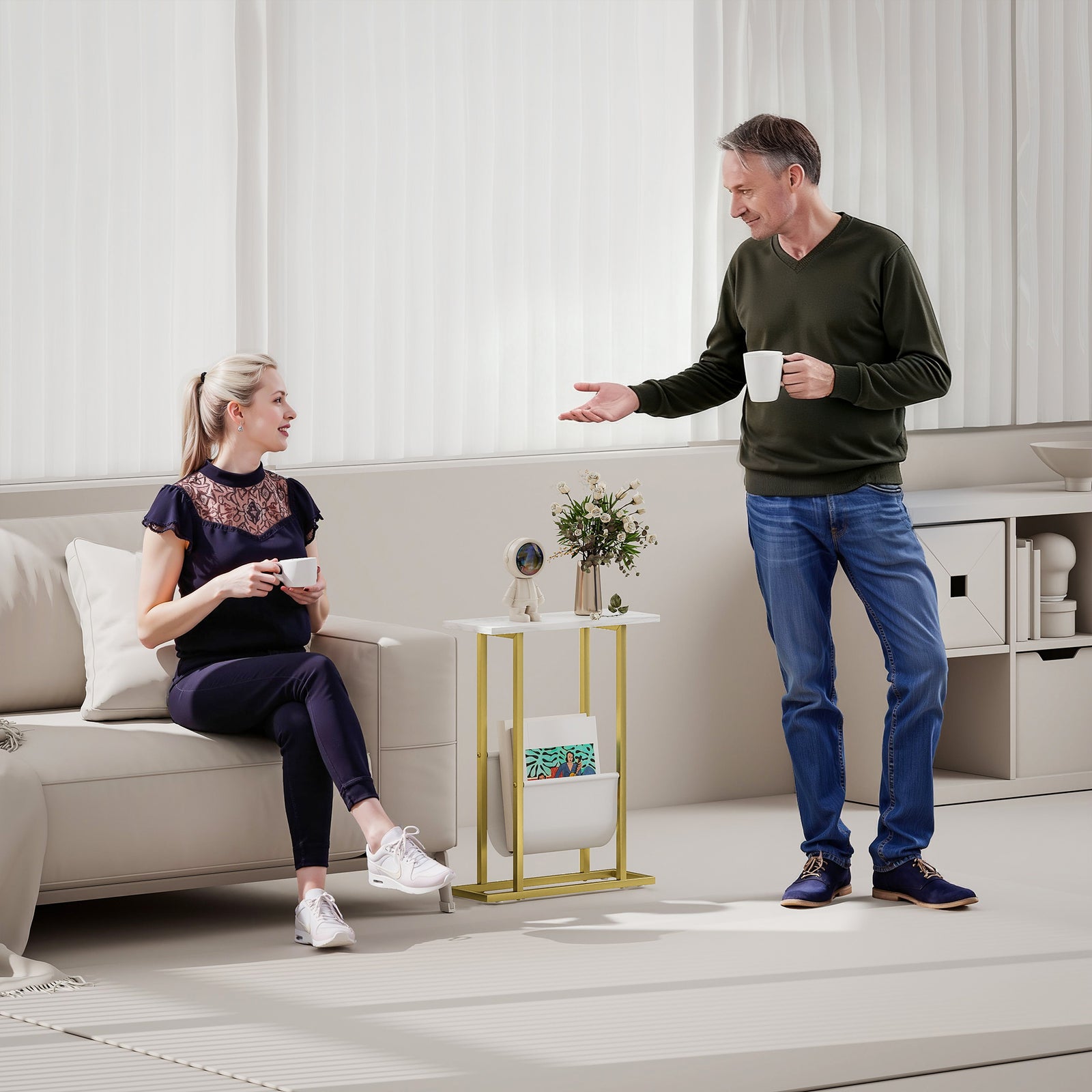 HOMCOM Narrow Side Table, End Table With Magazine Holder For Small Spaces