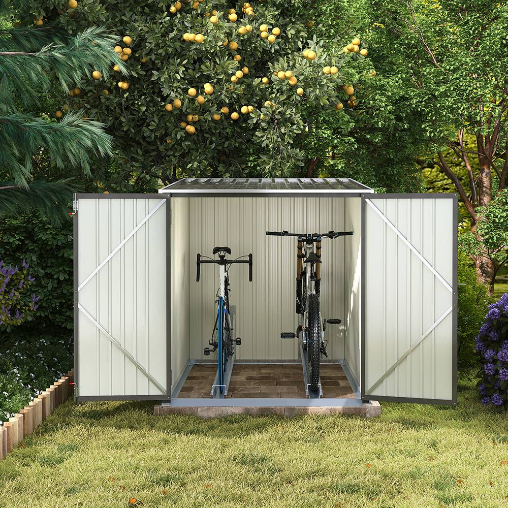 Outdoor Storage Shed Lockable Metal Tool House With Double Doors Fits 2/4 Bikes | Small | Grey