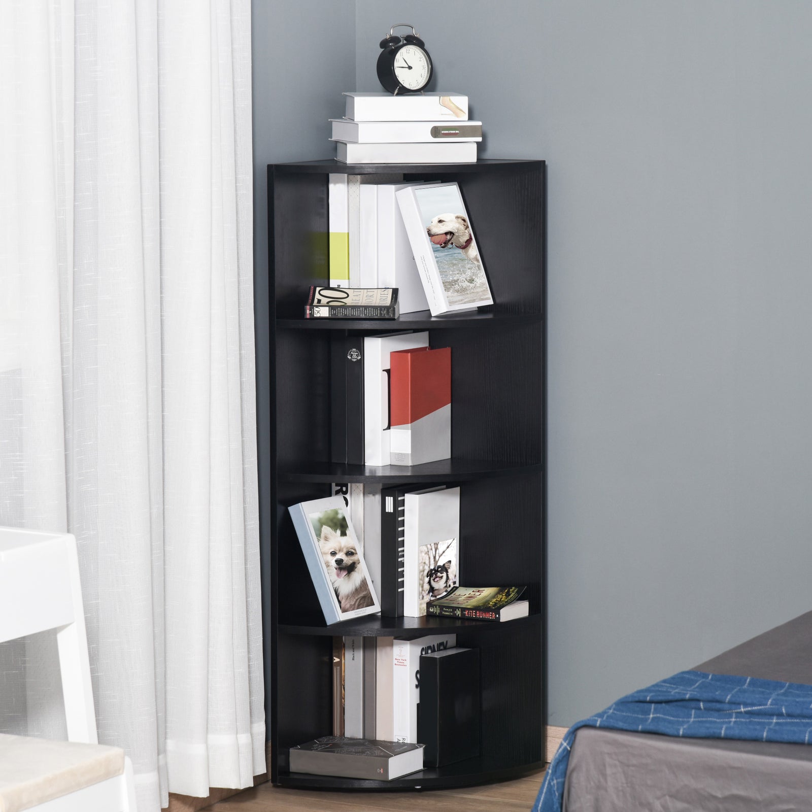 4 Tier Wood Corner Shelf  Unit Freestanding Fan Bookshelf | One Size | Black