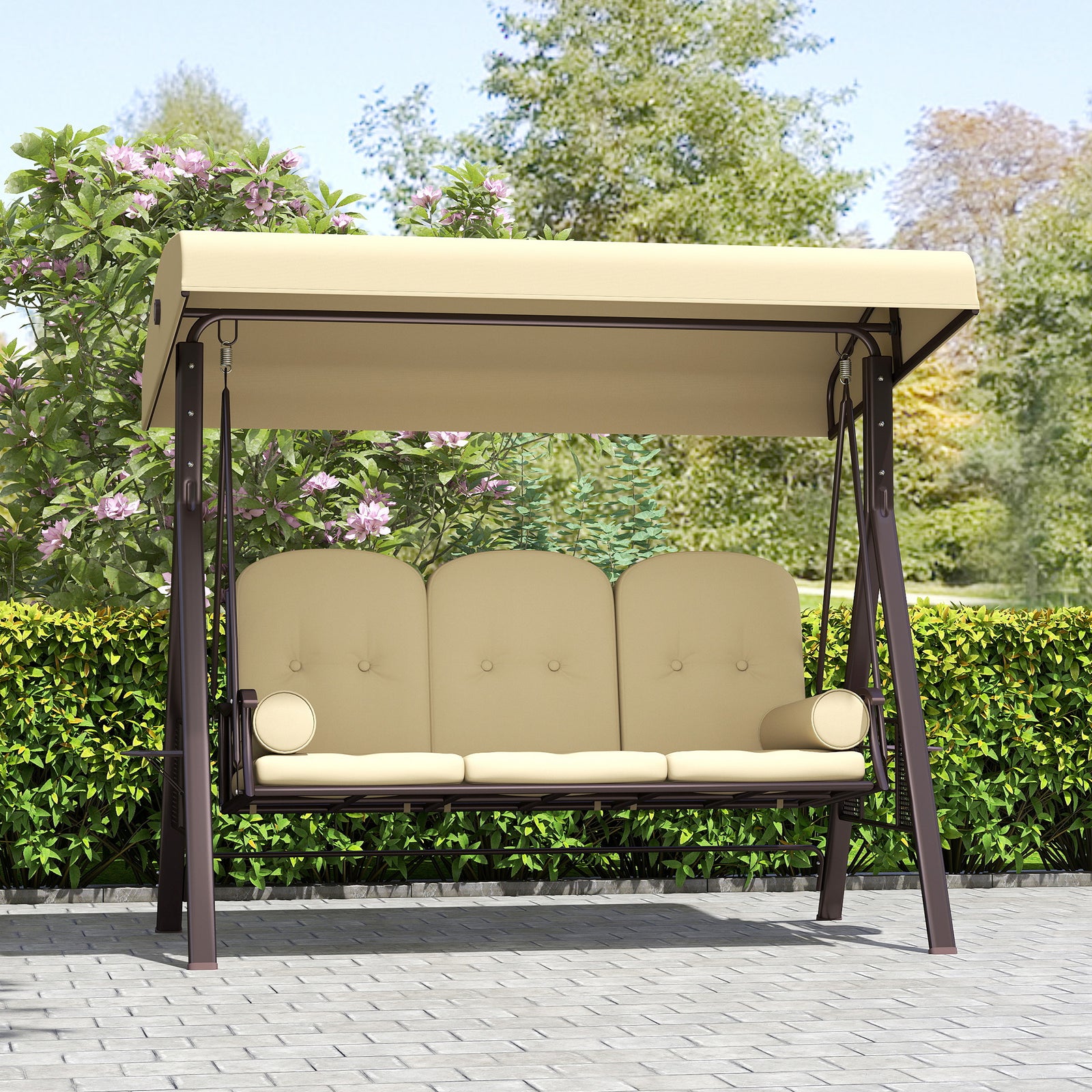 3 Seater Garden Swing Chair With Cup Trays Brown