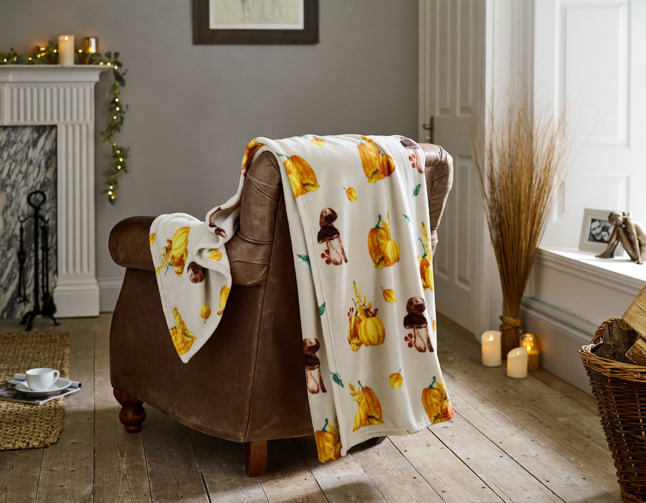 Pumpkin Party Throw Natural – Autumn Harvest Pumpkin Print Fleece Blanket 140x180cm | 140cm x 180cm | Natura