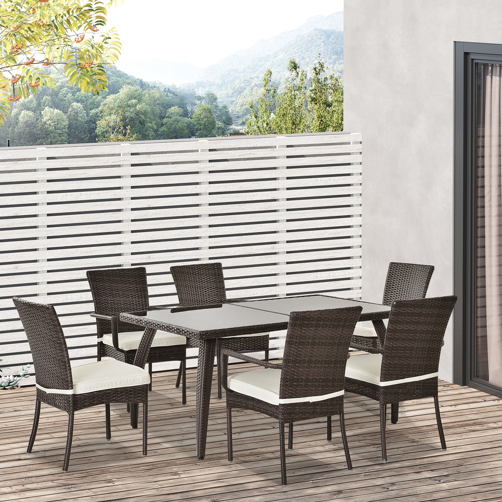 6 Seater Rattan Dining Set With Rectangular Glass Top Table | Brown