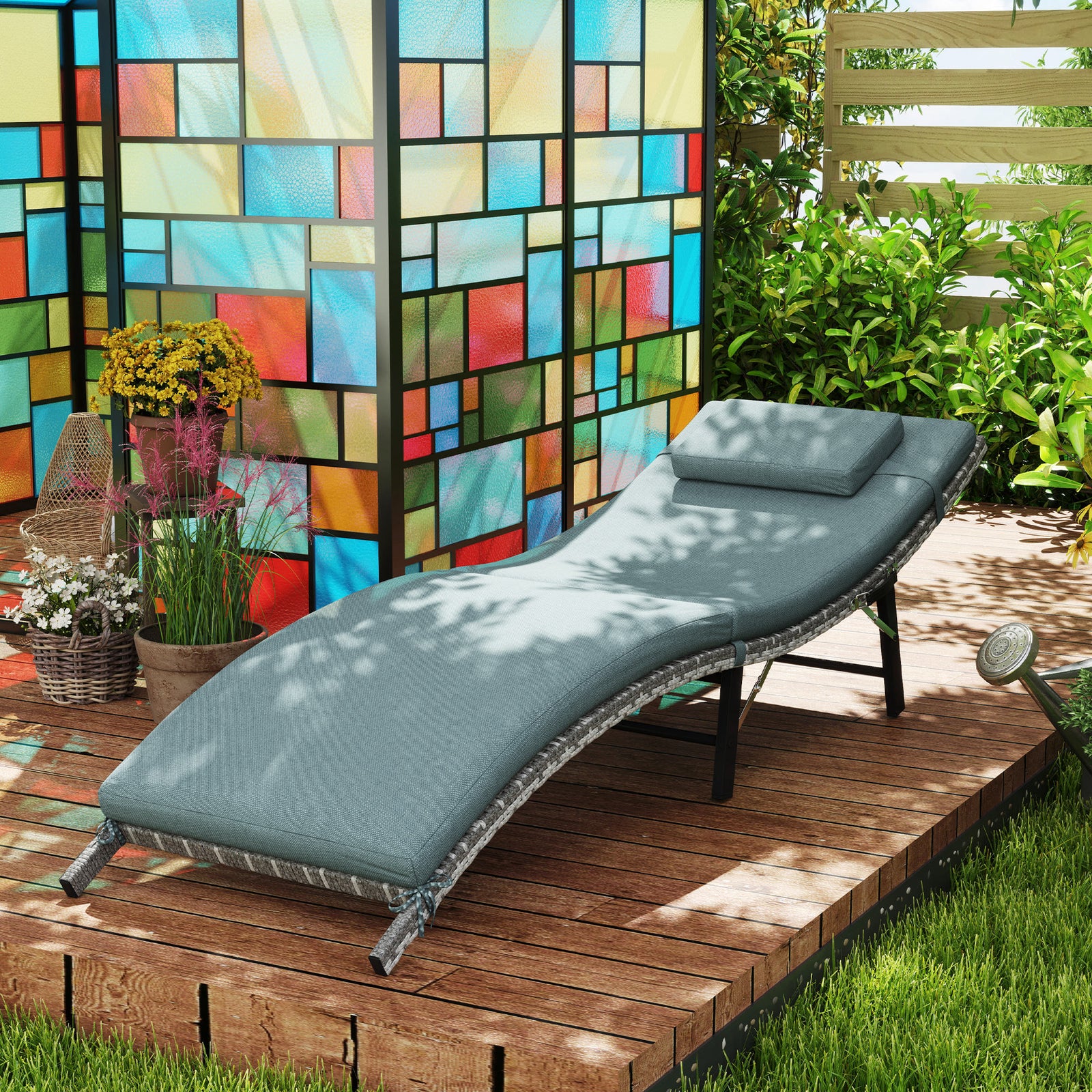 Mixed Grey Rattan Folding Sun Lounger