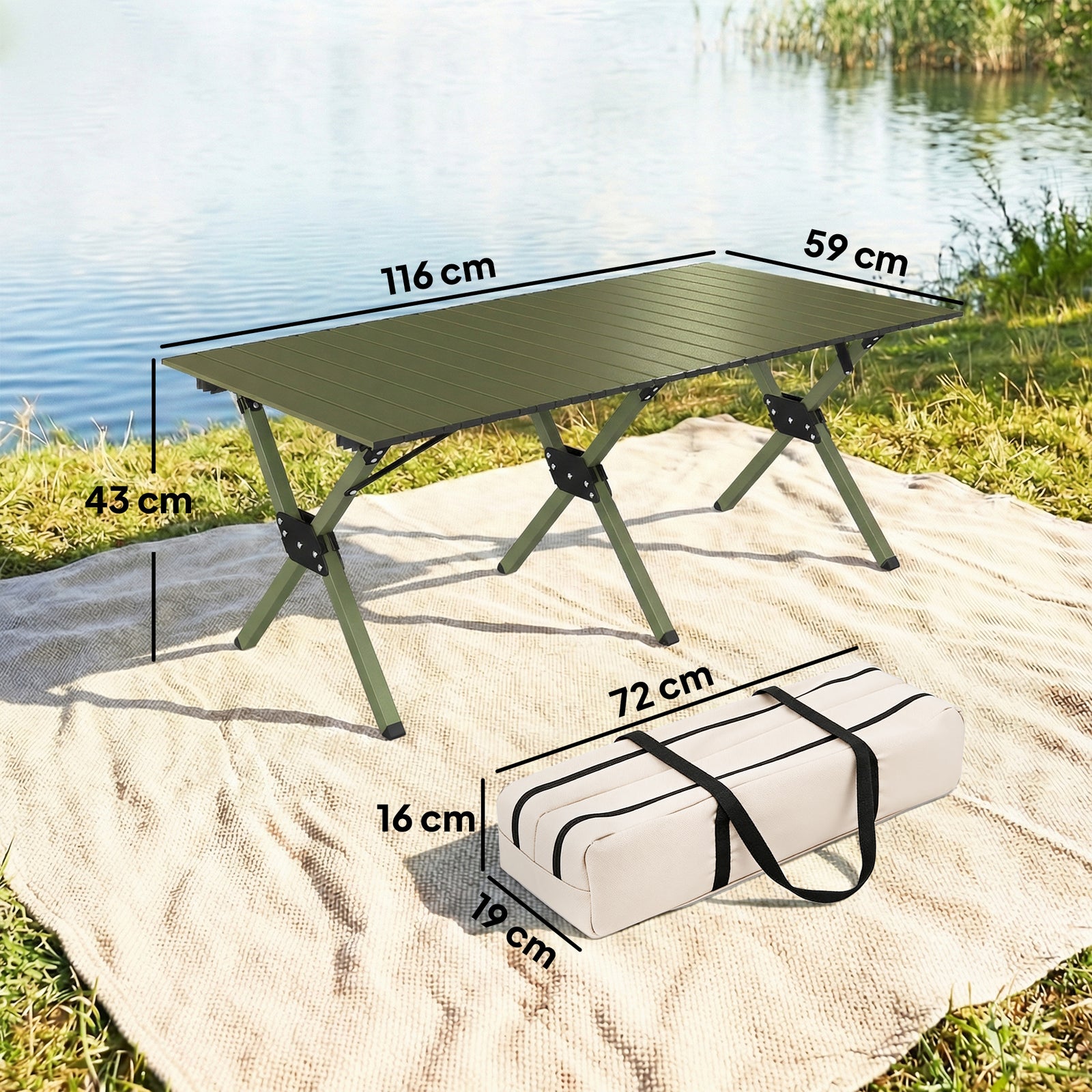 4ft Folding Camping Table, Picnic Table With Roll Up Top | Green
