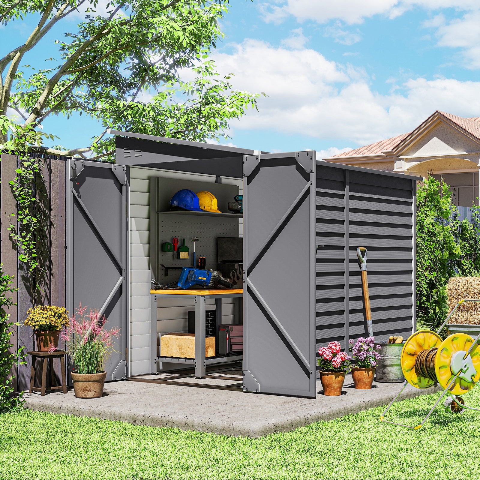 5 X 9ft Galvanised Metal Garden Shed With Foundation Kit | Grey