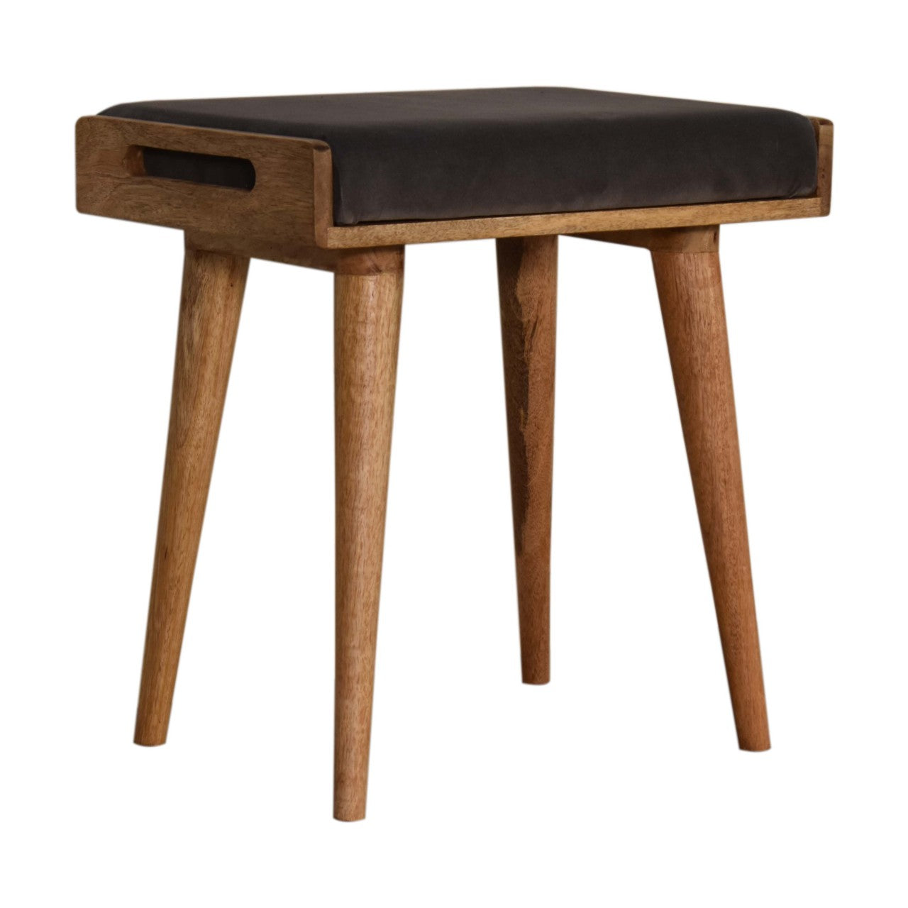Solid Mango Wood Grey Velvet Tray Style Footstool