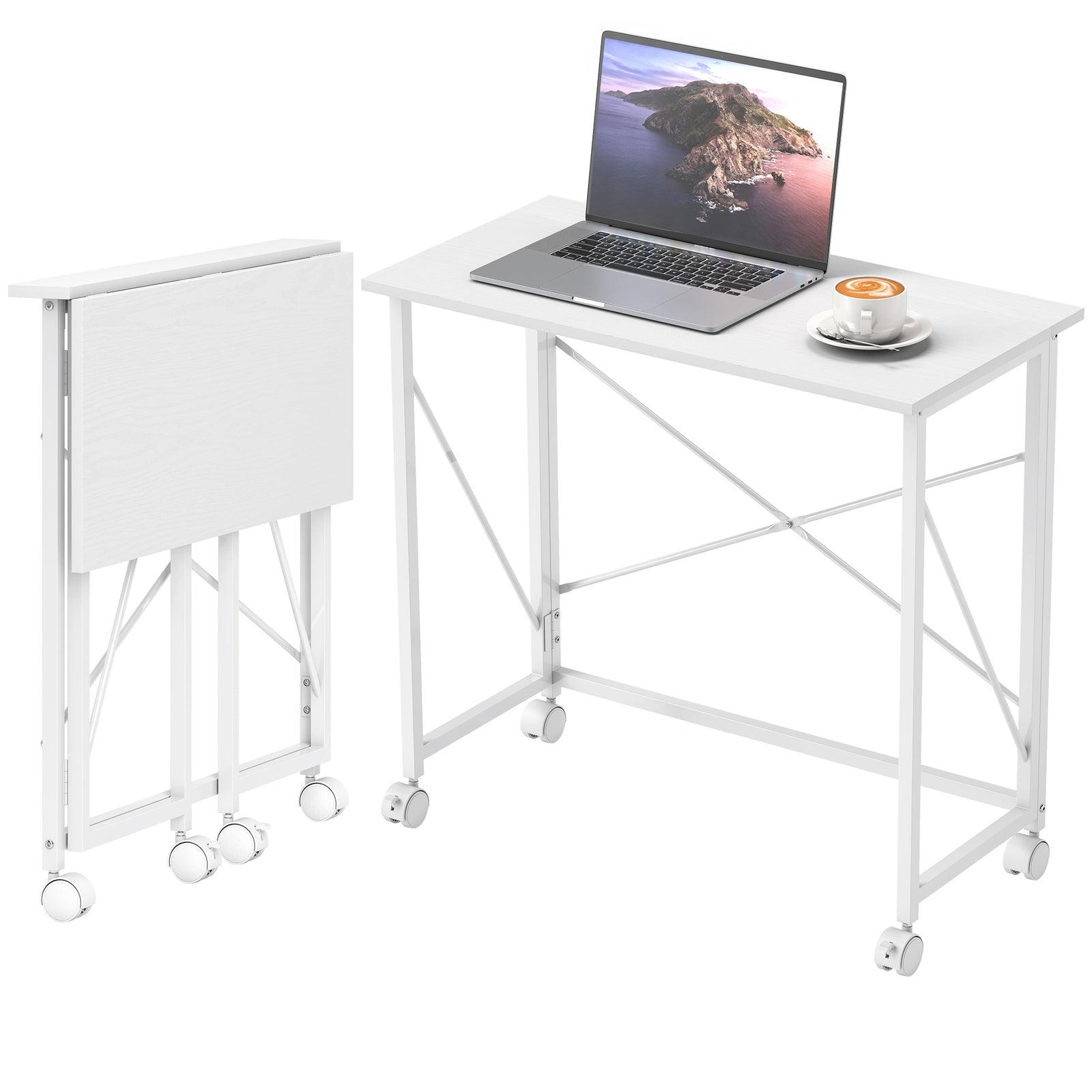 Folding Desk On Wheels, Writing Table For Home Office | White