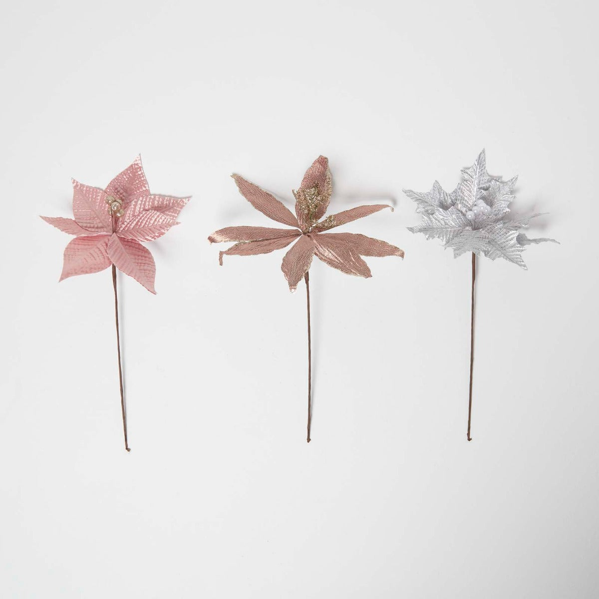 HOMESCAPES Artificial Set Of 3 Pink Poinsettia Single Stem Decorations