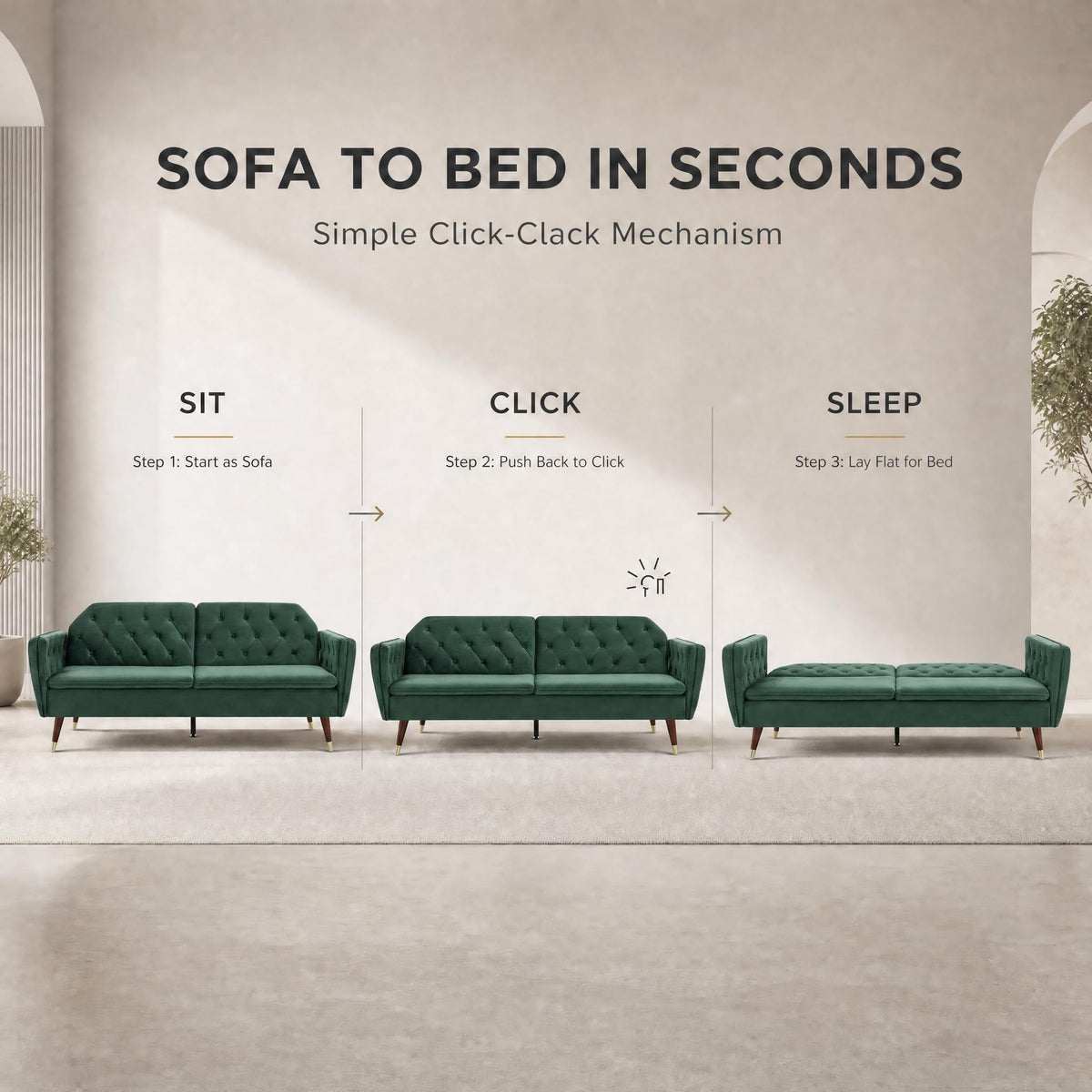 Victoria Velvet Sofa Bed 3 Seater | Green
