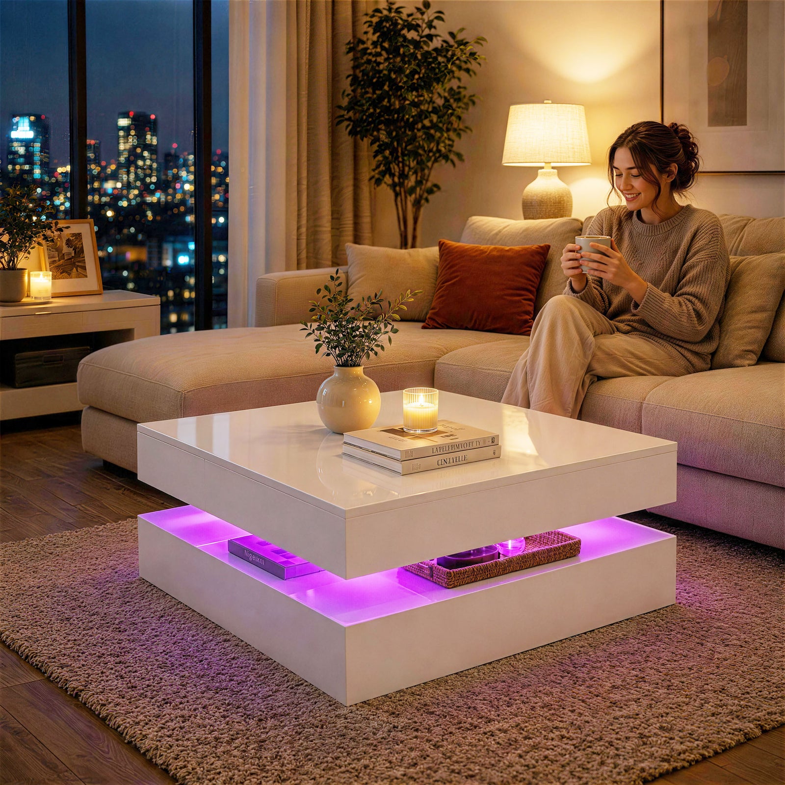 Led Coffee Table With Storage, Modern Centre Table | White
