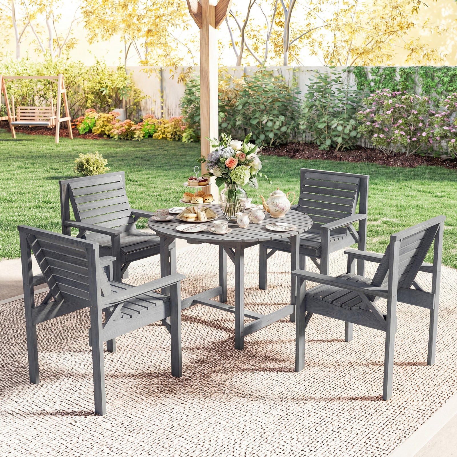 Garden Dining Set, Round Table And Chairs W/ Parasol Hole | Grey