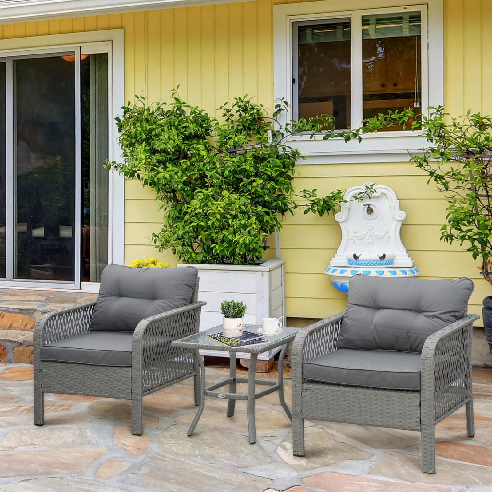 3pc Patio Rattan Wicker Bistro Set Conversation Furniture | Gray