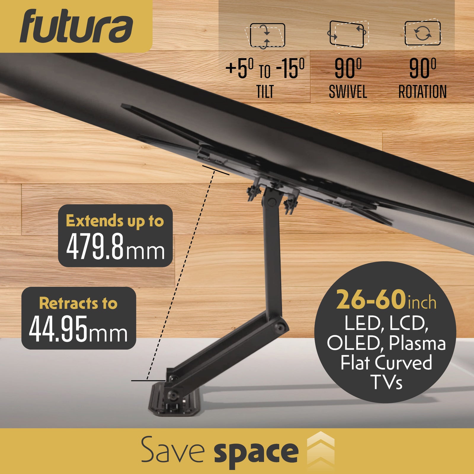 Universal Tv Wall Bracket Mount 26-60 Inch Tvs, Tilt, Swivel & 90 Rotation, Vesa 400mm X 400mm, 35kg Max Load Heavy Duty