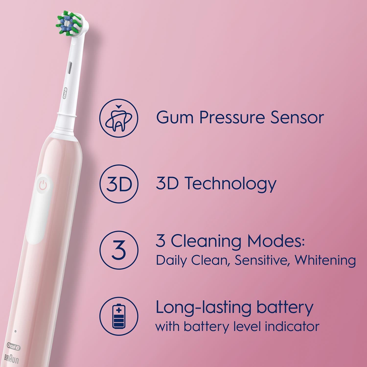 Pro 1 Cross-action Electric Rechargeable Toothbrush With 3 Modes, Pink
