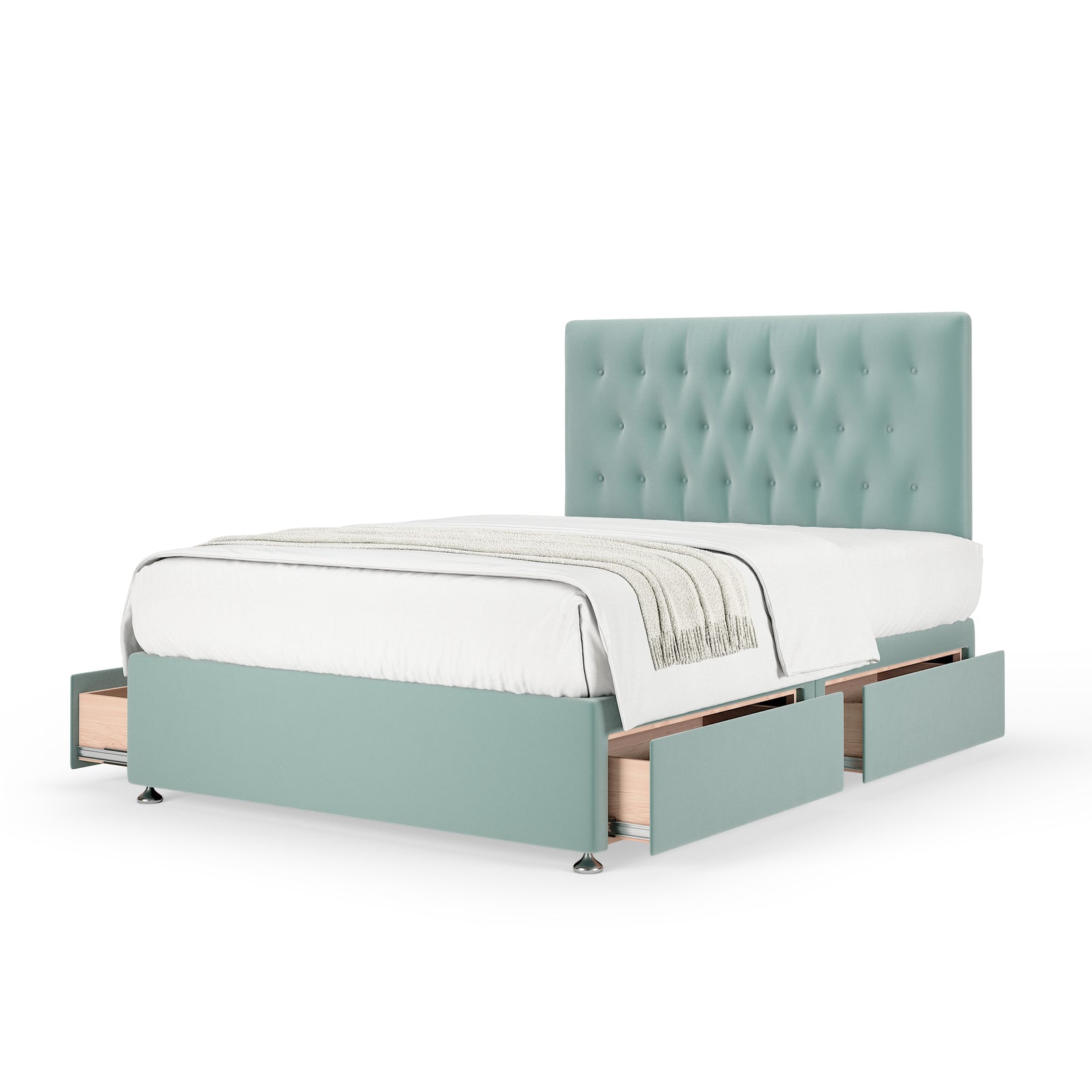 Plush Velvet 4 Drawer Divan Base And Button Headboard | Double | Duck Egg