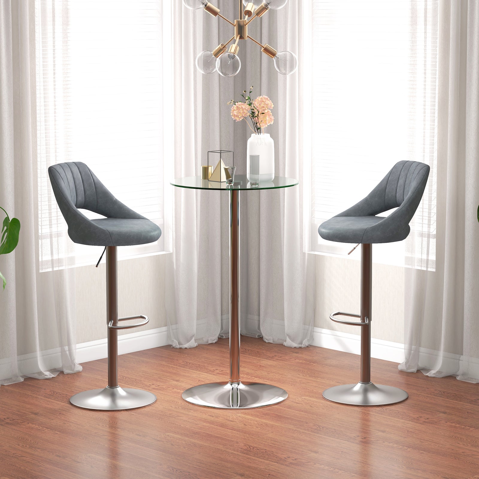 Round Bar Table With Glass Top And Steel Base For Home Bar