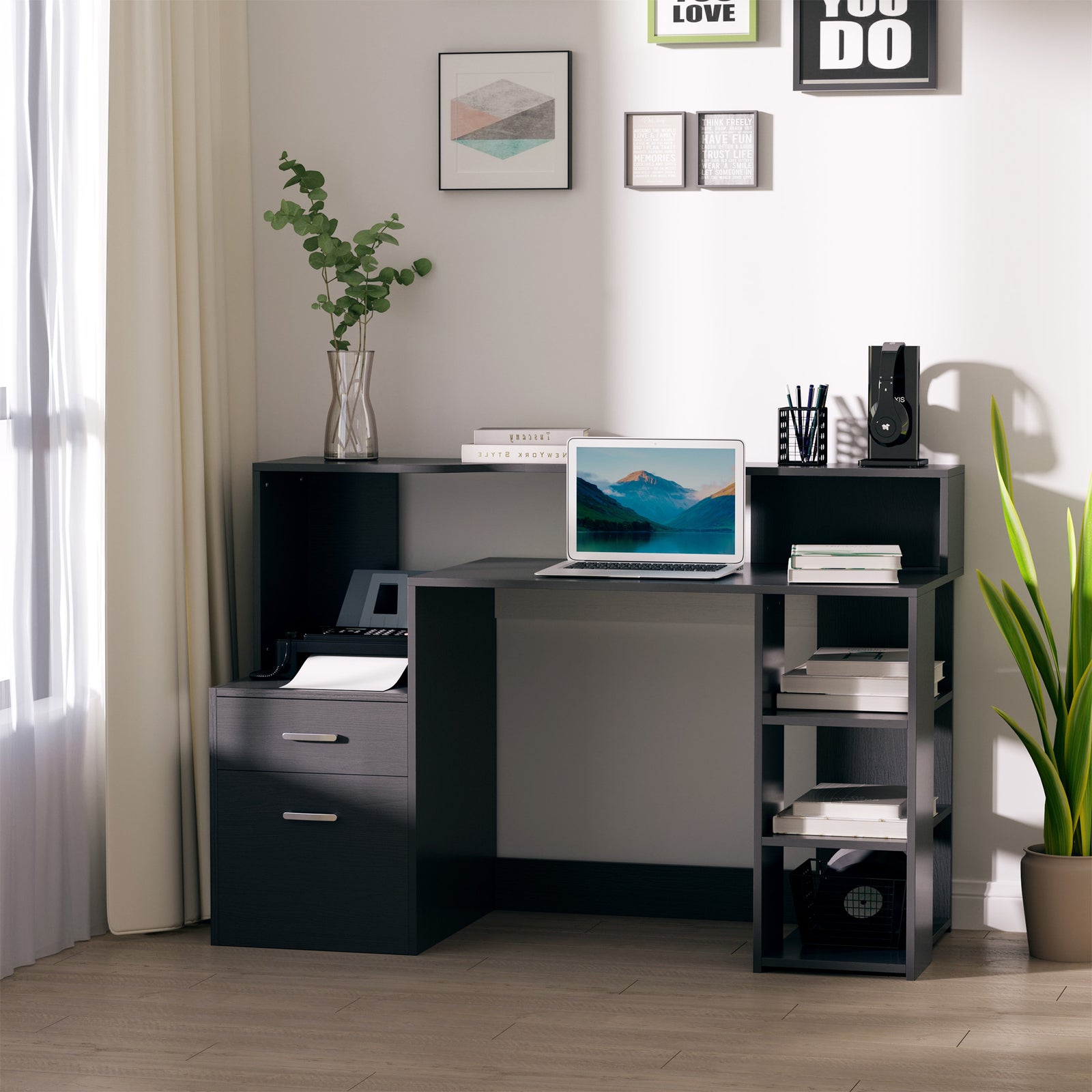 Multi-storage & Workstation Desk Table Storage Shelves Home | Jet Black
