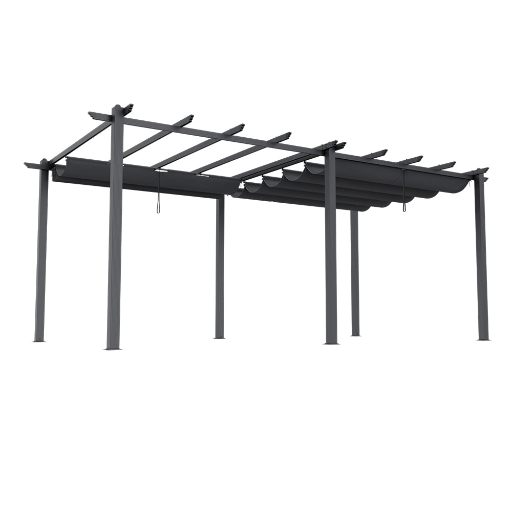 6m X 3m Aluminium Pergola With Retractable Roof,with Pu-coated Polyester,charcoal Grey,outdoor Garden Gazebos Water-resistant