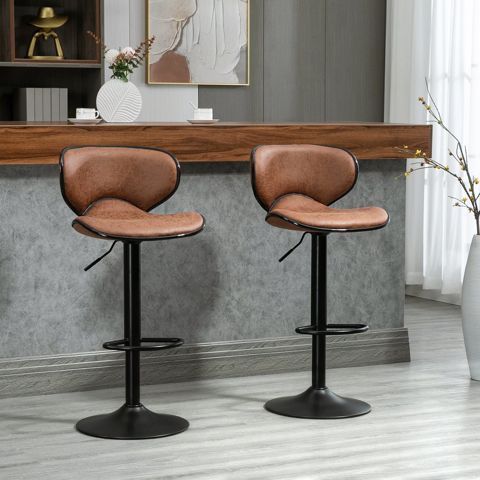 Bar Stool Set Of 2 Microfiber Adjustable | Brown