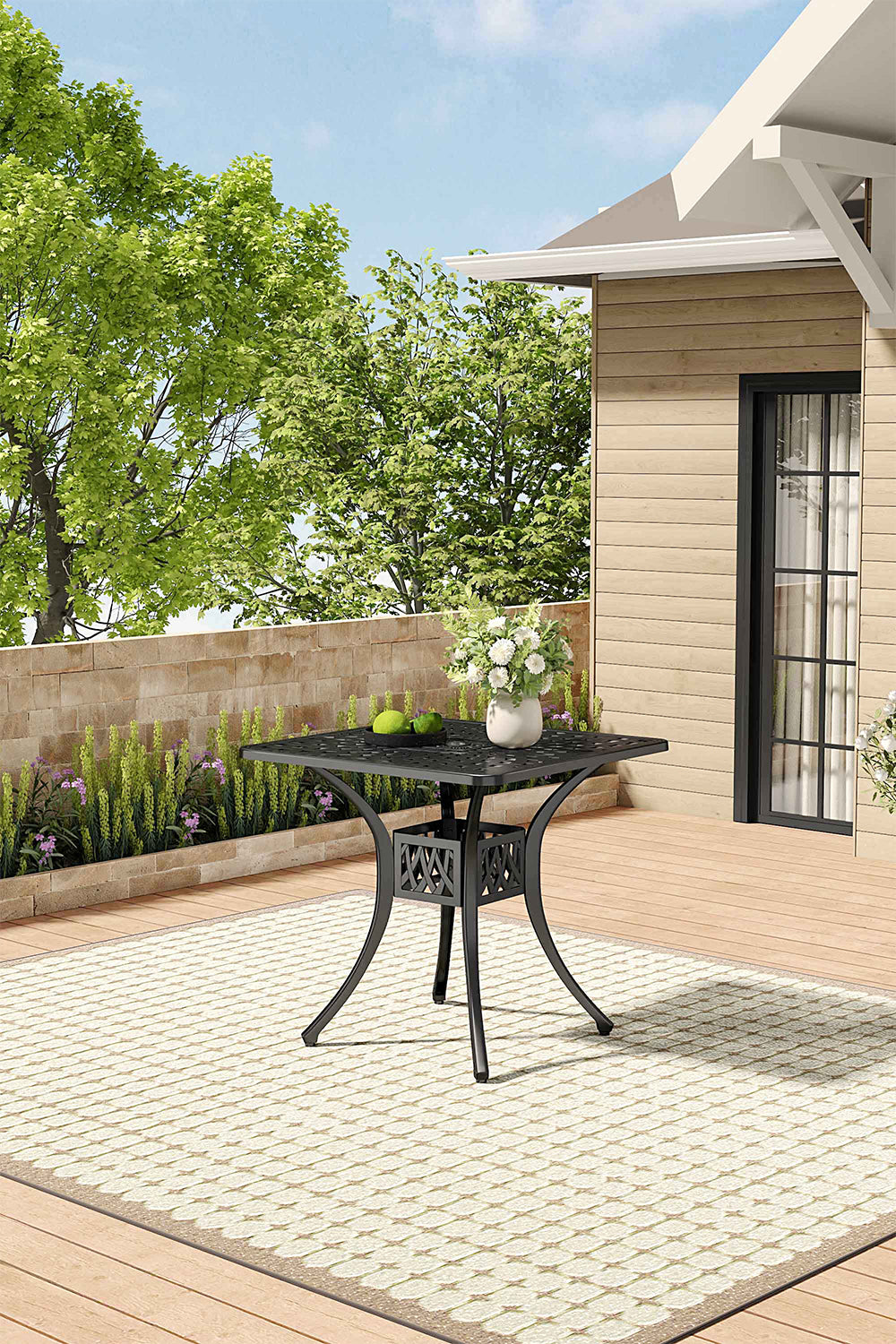 Square Cast Aluminium Garden Bistro Table, Black, Woven Cut-out Design,78 X 73cm H
